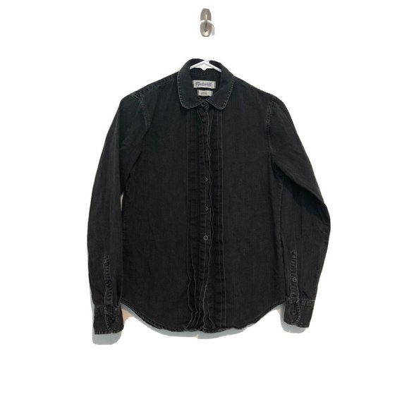 Madewell Black Denim Front Ruffle Button Up Shirt Top Women Size Small - Picture 1 of 16